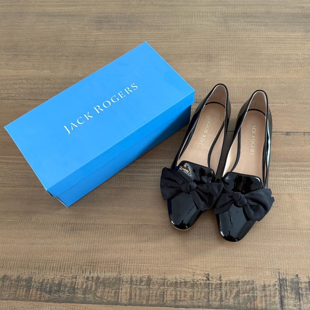 Jack Rogers Brooklyn Black Patent Flats with Fabric Bow